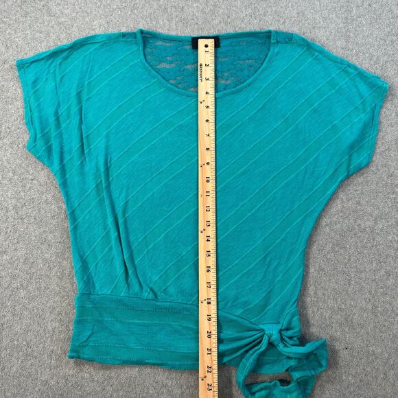 iZ Byer Y2k Knotted Waist Top Women's Large Turquoise Stripe Short Sleeve Lace - Picture 6 of 9
